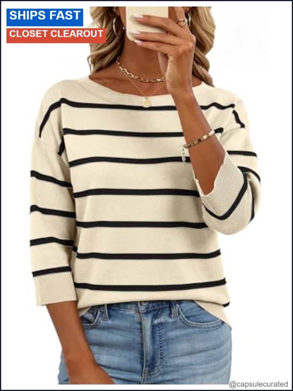 Women's Lightweight Knit Pullover Sweater Boat Neck 3/4 Sleeve Viscose Blend
